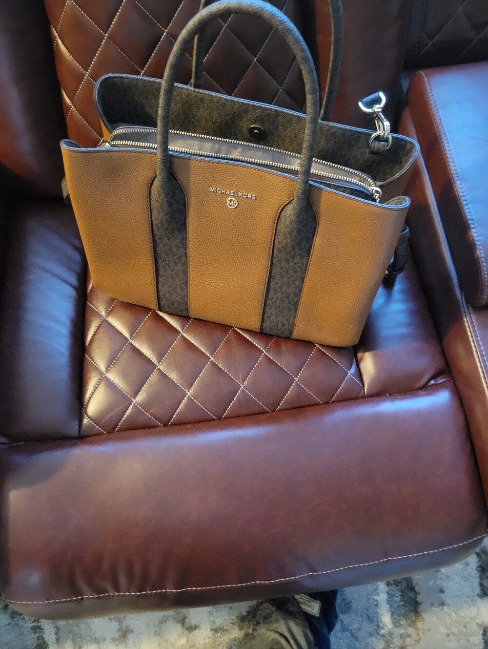 Michael Kors Brown and Black Leather Tote with Signature Stripe